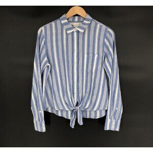 J.Crew Women's Striped Tie-Waist Shirt M Blue White Button Up Preppy Coastal